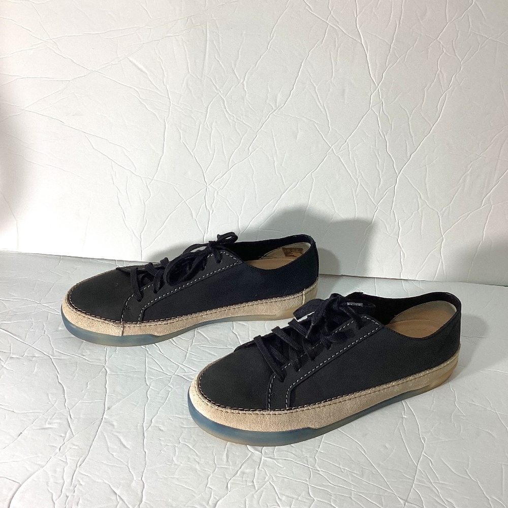 CLARKS WOMAN SIZE 9.5 M BLACK NUBUCK LEATHER SHOES SNEAKERS SUEDE BEIGE TRIM
